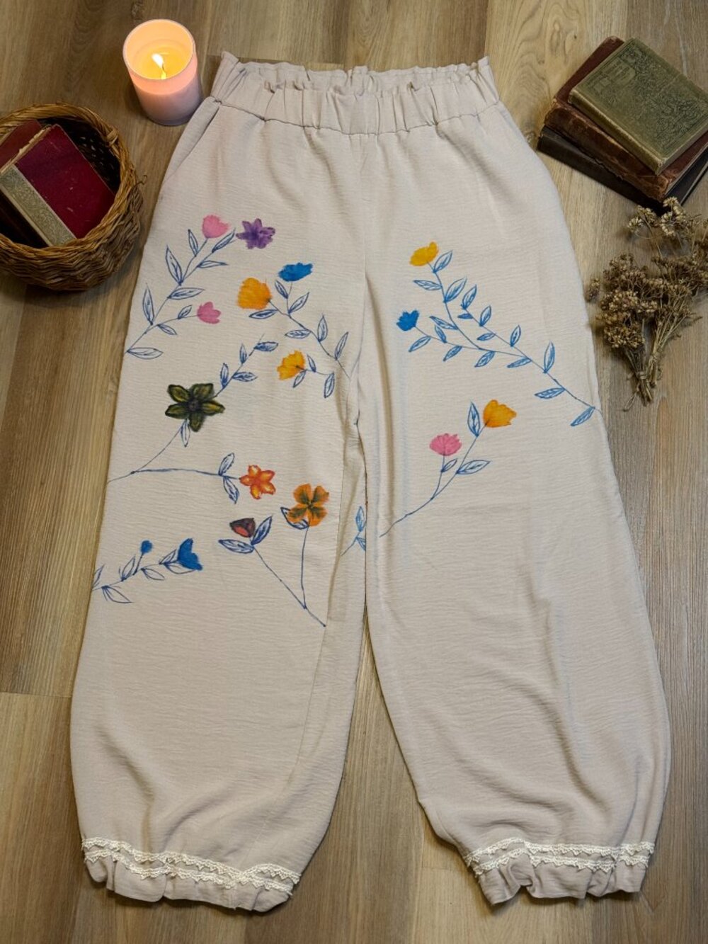 Hand Painted Upcycled Cottagecore Harem Boho Balloon Pants - Picture 3 of 8